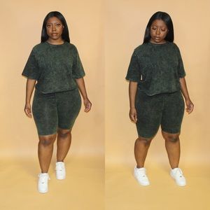 Army Green Mineral Wash Biker Short Set